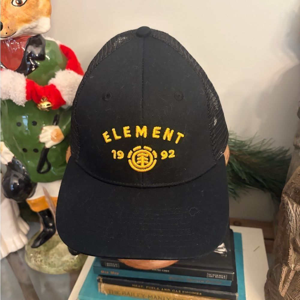 Element 1992 Black Cap with Yellow Embroidered Snapback mesh trucker hat.